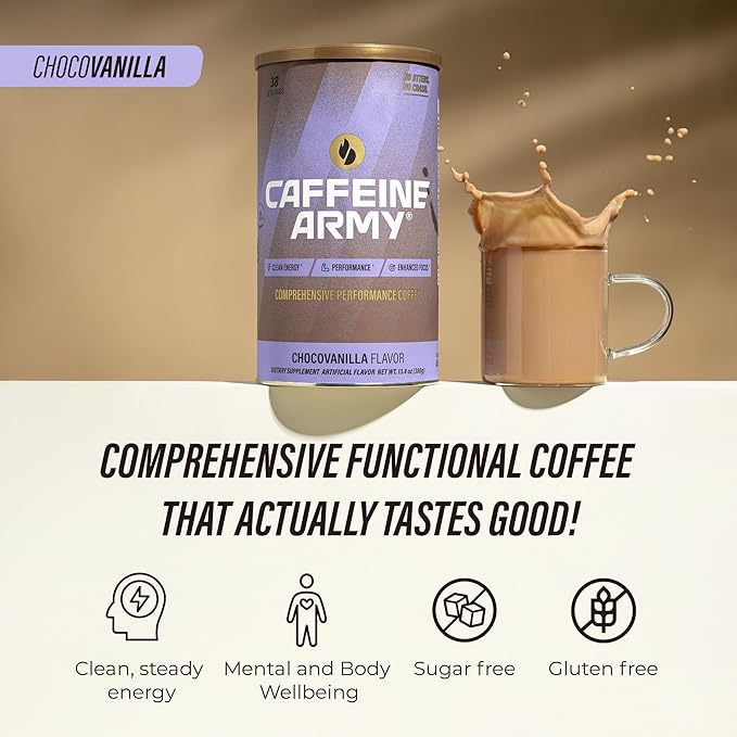 CAFFEINE ARMY ChocoVanilla | Comprehensive Functional Coffee with MCTs CoQ10 Collagen and Adaptogens: Clean Energy + Supports Daily Attention No Jitters or Crash (7.8 oz 22 Servings)