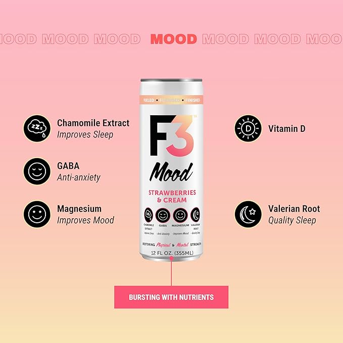 F3 Mood Variety Pack - Functional Sparkling Juice Drink with Powerful Nootropics to Reduce Stress BCAAs for Muscle Recovery and Chamomile &amp Valerian Root for Sleep - Caffeine Free (12 Pack)