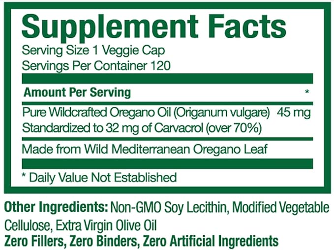 Wild Oregano Oil Capsules - 120 Liquid Veggie Softgels - Pure Standardized Wild Oregano Leaf Extract offers 70% Carvacrol (32 mg) for Immune System Health - Non GMO Vegan Gluten Free