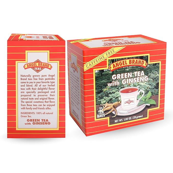 Angel Brand Green Tea with Ginseng Tea Bags 25 Bags per Box Pack of 3 Traditional Green Tea Blend with Ginseng Root Smooth Balanced Flavor