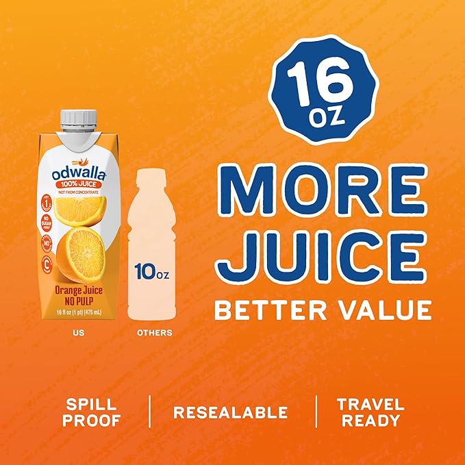 Odwalla 100% Pure Orange Juice No Pulp – Hand-Picked OJ Juice - Vitamin C - No Sugar Added No Artificial Ingredients No Preservatives - 16 fl oz (12 Pack)