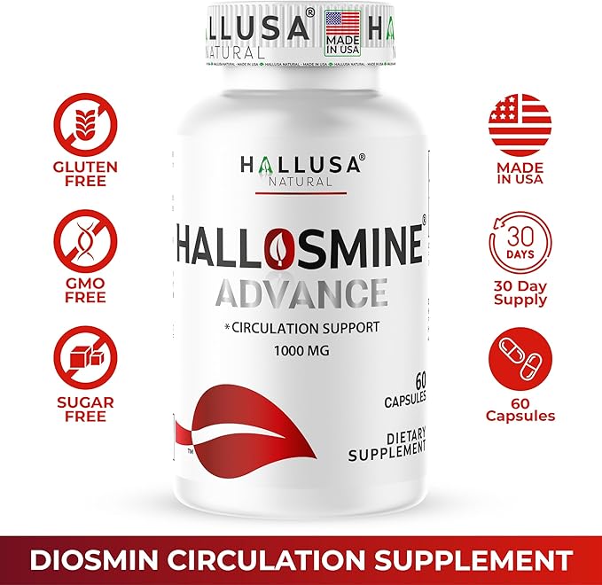 Hallosmine Advance 1000mg Diosmin Capsules – Max Strength Circulation &amp Vein Support Supplement Vascular Health Visible Veins Spider Veins Blood Flow Swelling &amp Heavy Legs 60 Count