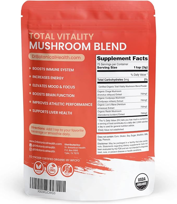 Organic Mushroom Powder Blend - 4-in-1 Reishi Lion’s Mane Cordyceps and Chaga Mushroom Supplement Extract Complex Mushroom Blend Powder for Immune Boost &amp Brain Support Add to Coffee Tea or W