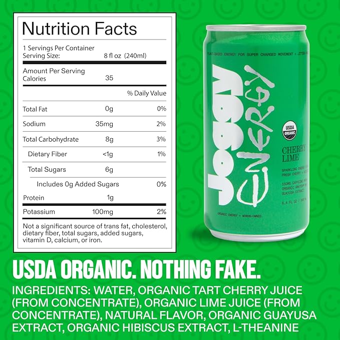 Joggy Energy Drink | Cherry Lime 12pk (8.4oz) | USDA Organic No Added Sugar Plant-Based Energy with Juice &amp Natural Caffeine + L-Theanine | Pre-Workout Focus Drink | No Jitters Vegan Gluten-Fr