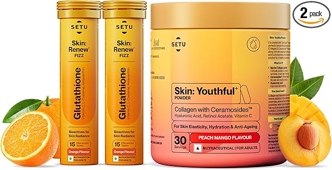 SETU Radiant Skin: Combo Contains 8g Marine Collagen + Ceramosides &amp 8-in-1 Glutathione Fizzy Tabs | Supports Radiant Healthy Skin | for Men &amp Women