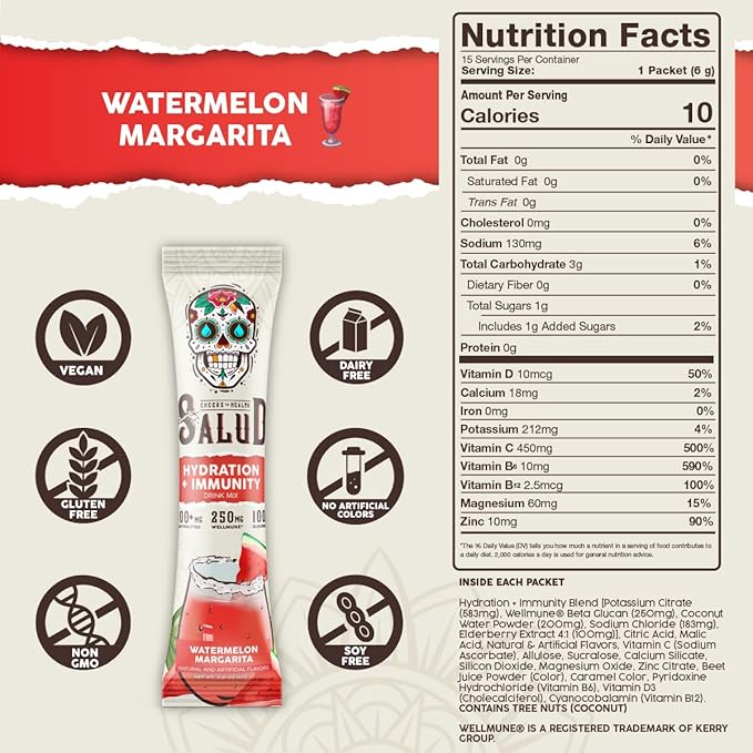 Salud 2-in-1 Hydration Packets + Immunity Electrolytes Powder Watermelon Margarita - Agua Fresca Drink Mix Elderberry Dairy &amp Soy Free Non-GMO Gluten Free Vegan 1g Sugar (15 Servings)
