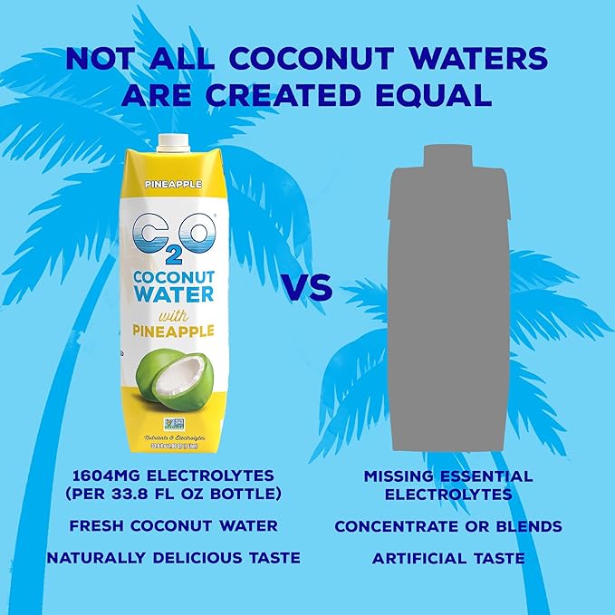 C2O - Coconut Water with Pineapple (6 Pack) - Made with Fresh Coconut Water - Plant Based Non GMO Water - Natural Hydration Essential Electrolytes &amp Potassium - 6 Tetra Packs 33.8 FL OZ