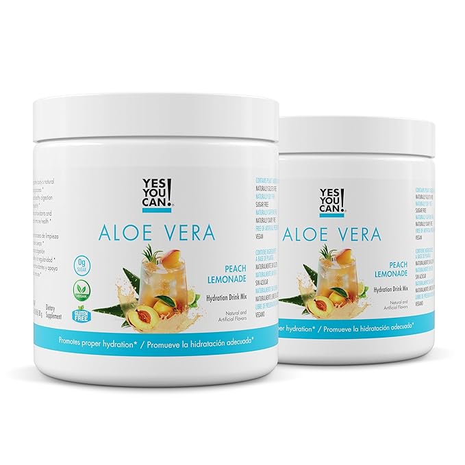 Yes You Can! Aloe Vera Powder Drink Mix - Hydration Booster Infused with Pure Organic Aloe Vera Extract - Delicious Flavors - Made in USA - Antioxidant Rich - Peach Lemonade Flavor - 40 Servings Per C