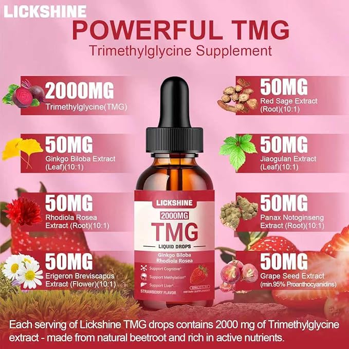 2 Packs 2000MG TMG Suupplements Liquid Drops - Trimethylglycine Ginkgo Biloba Rhodiola Rosea &amp Vitamins B High Absorption Brain Function - Strawberry Flavor 4 Fl.Oz