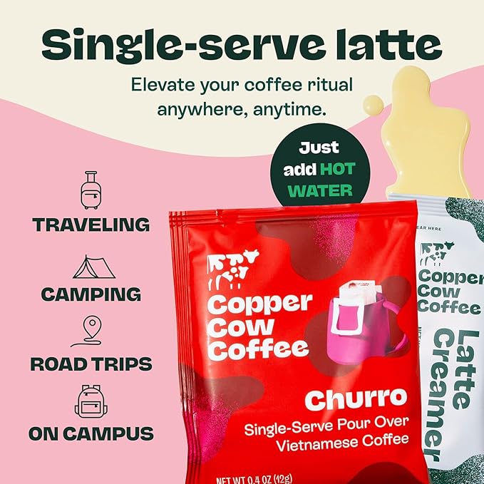 Copper Cow Vietnamese Coffee Variety Pack (15 Coffees &amp 15 Creamers)| Classic Churro &amp Vanilla Latte | Pour Over Single-Serve Lattes No Refrigeration Needed Travel Friendly Ground Coffee