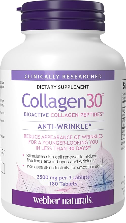 Webber Naturals Collagen30 Anti-Wrinkle 2500mg of Bioactive Collagen Peptides Per Serving (3 Tablets) 180 Tablets Helps Reduce Deep Wrinkles Fine Lines Non GMO Dairy Gluten Free