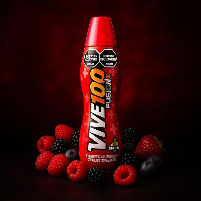 Fusión Vive 100% Energy Drink Red Berries Flavor 380 mL Bottles (Pack of 6)