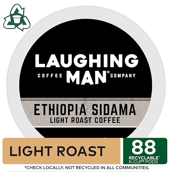Laughing Man Ethiopia Sidama Keurig Single-Serve K Cup Pods Fair Trade Light Roast Coffee 88Count Ethiopia Sidama 22 Count (Pack of 4)