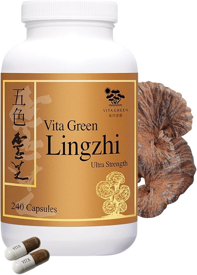 Vita Green Lingzhi Mushroom Supplement (五色靈芝) – Pure Reishi with Natural Antioxidants for Wellness Energy and Immune Support for Men &amp Women – 240 Capsules