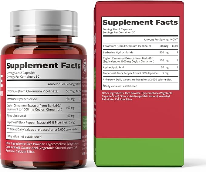 30-Day Supply Berberine 1600mg Berberine with Ceylon Cinnamon for Blood Sugar Cholesterol &amp Metabolism* | Gluten-Free Non-GMO &amp Vegan Berberine Supplement | 60 Capsules