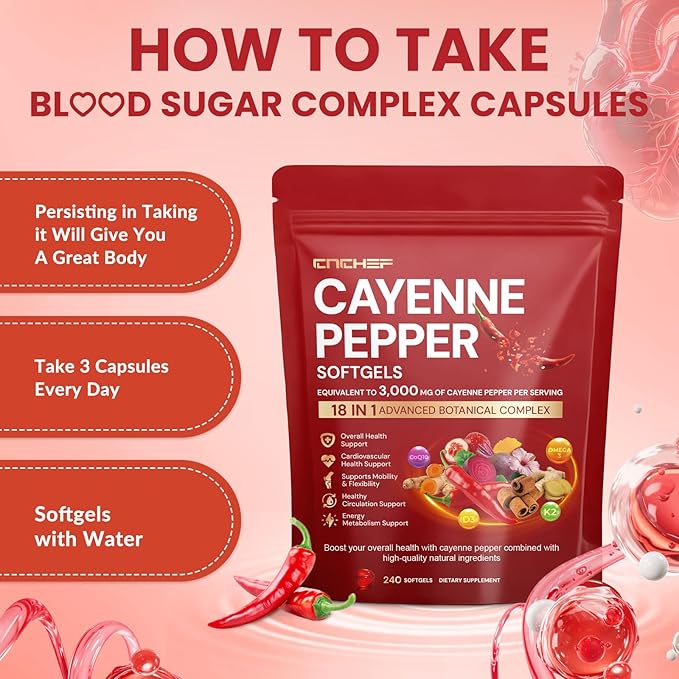 Cayenne Pepper Softgels Supplement Cayenne Pepper Capsules with VitaminD3+K2Berberine Q10 Omega-3 Turmeric Hawthorn Beetroot Supports Leg Vein Digestive &amp Heart Vessel Health 240 Softgel