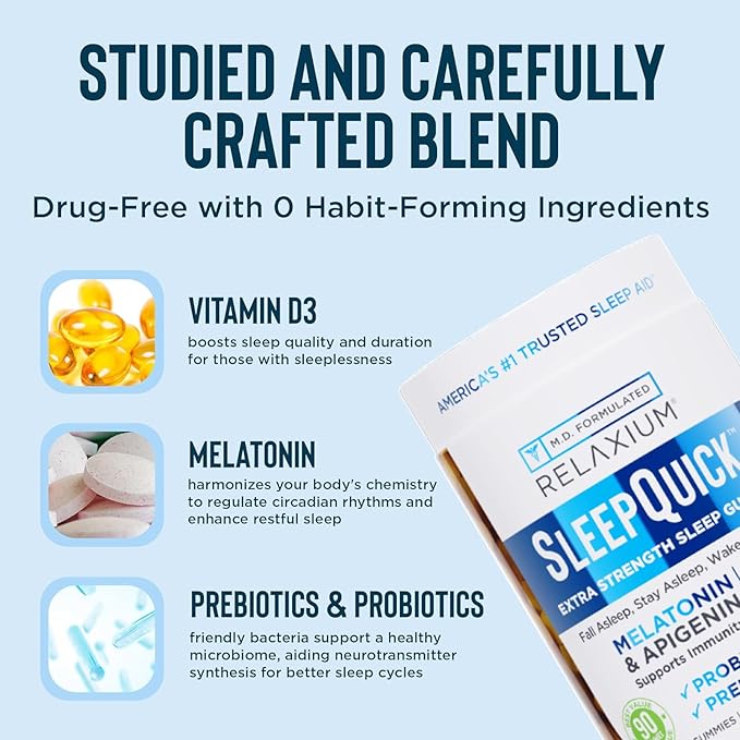 Relaxium SleepQuick Gummies - Sleep Aid + Gut Health &amp Immune Support 5mg Melatonin Vitamin D-3 + Prebiotic &amp Probiotic Blend Gluten &amp Drug Free Lemon Flavor 90 Gummies
