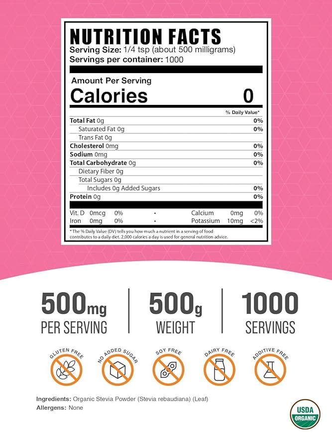 BulkSupplements.com Organic Stevia Powder - Pure Sweetener Sourced from Stevia Leaves Herbal Supplement - Vegan &amp Gluten Free 500mg per Serving 500g (1.1 lbs) (Pack of 1)