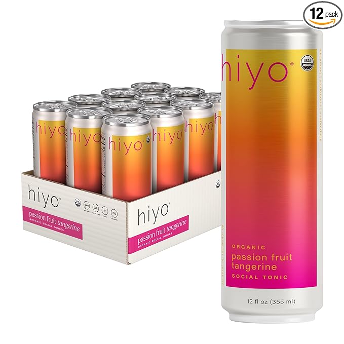Hiyo Organic Social Tonic- Passion Fruit Tangerine 12 Pack – N.A. Functional Seltzer Sparkling Water Crafted with Organic Adaptogens Nootropics &amp Botanicals