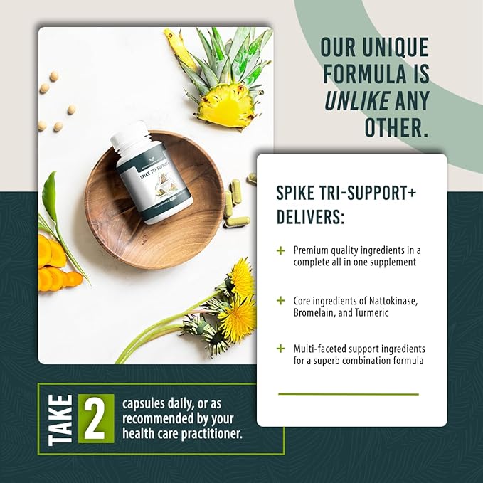 Spike Tri-Support+ with Nattokinase Bromelain and Turmeric - Includes Dandelion Extract Black Seed Extract Green Tea Leaf Selenium for A Full Spectrum Spike Support Supplement
