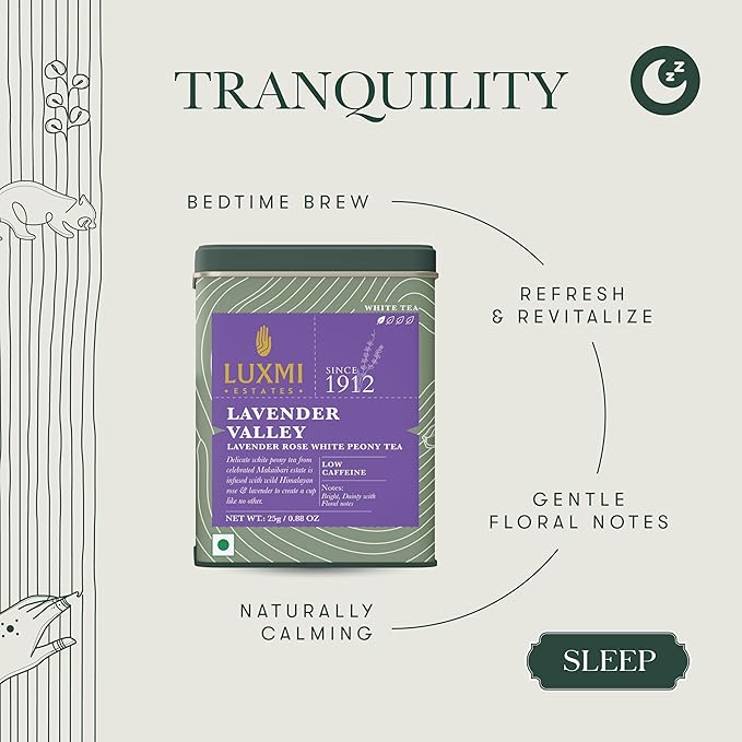 Luxmi Estates Lavender Valley Organic Loose Leaf Tea (25g) Darjeeling Makaibari White Tea Low Caffeine Sleep Function Tea
