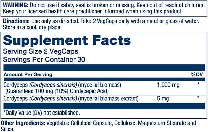 SOLARAY Fermented Cordyceps Mushroom 1000 mg - Healthy Energy Support - Fermented for Enhanced Absorption - Vegan Non-GMO Lab Verified - 30 Servings 60 VegCaps