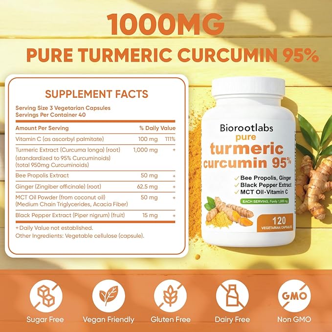 Biorootlabs Turmeric Curcumin Supplement 1000mg Biorootlabs Pure Turmeric Curcumin 95 6-in-1 Turmeric Curcumin Capsules with Bee Propolis Ginger Mct Oil Fat Soluble Vitamin C &amp Black Pepper (