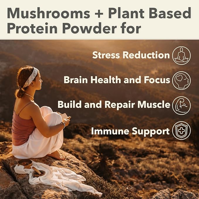 PlantFusion Mushroom Protein Powder - 3 in 1 Vegan Protein Powder Mushroom Supplement and Adaptogen Supplement - Support Mental Focus Immunity and Recovery - Vanilla 1lb