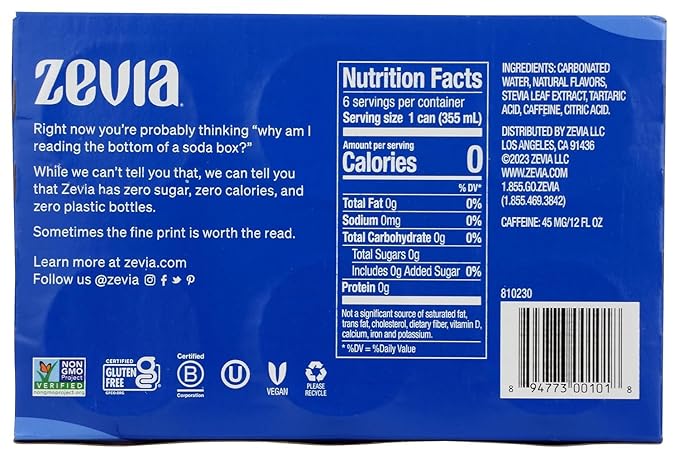 Generic Z e v i a Zero Calorie Soda cola 12 Ounce Cans (Pack of 6)