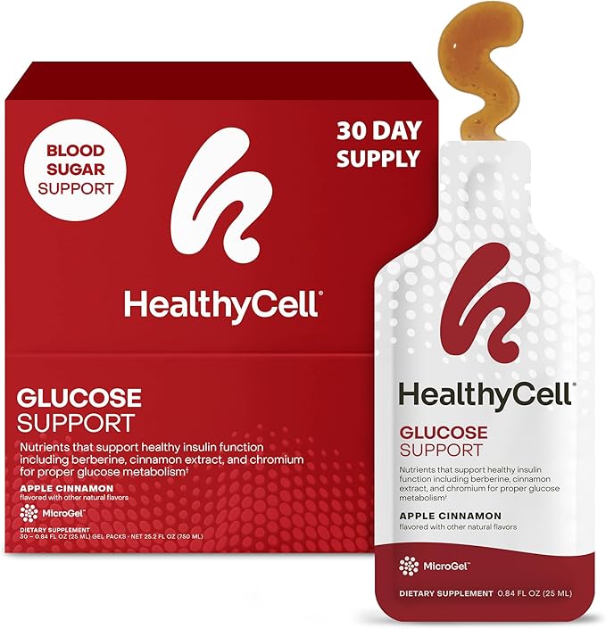 HealthyCell Glucose Support Supplement to Support Balanced Blood Sugar - Berberine Cinnamon &amp Chromium for Healthy Insulin Function &amp Proper Glucose Metabolism - 30 Gel Packs Apple Cinnamon