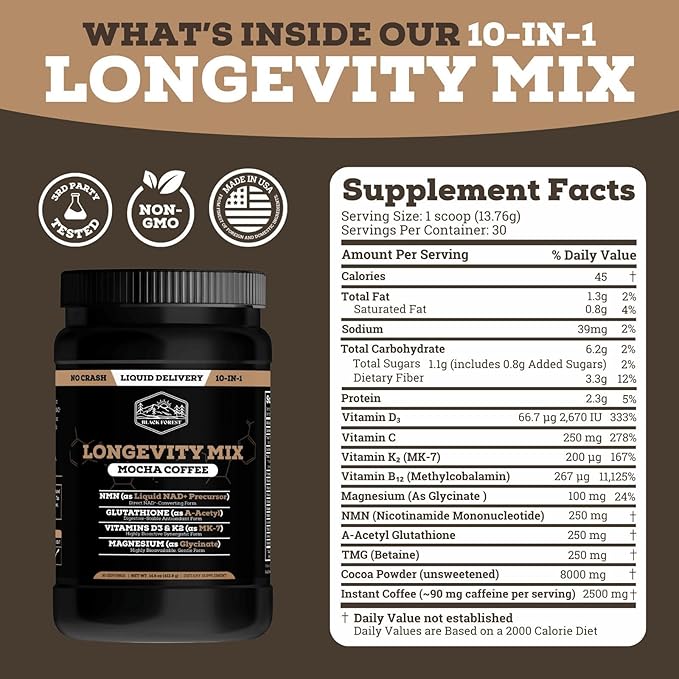 Black Forest Longevity Mix Mocha Coffee 10-in-1 with NMN 250mg Glutathione 250mg TMG Magnesium Glycinate Vitamins D3 K2 C B12 High Polyphenol Cocoa 30 Servings