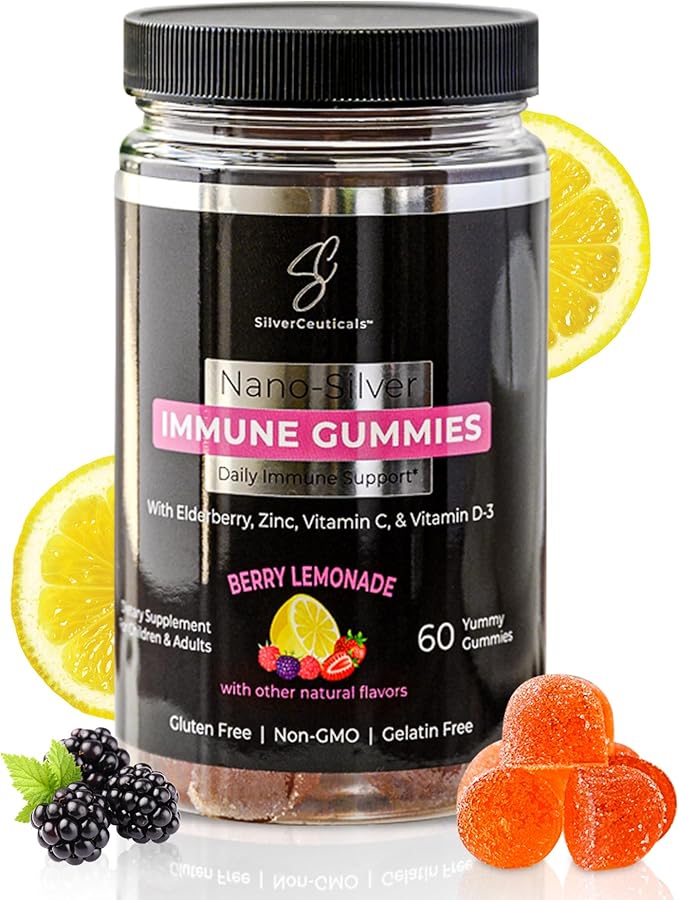 Immune Gummies - Sambucus Elderberry - Vitamin C &amp D - Zinc - Save Your Sick Days - Kids &amp Adults - Safe Ages 4 &amp Up - Nano Colloidal Silver - Gluten &amp Gelatin Free Non-GMO - Berry Lem