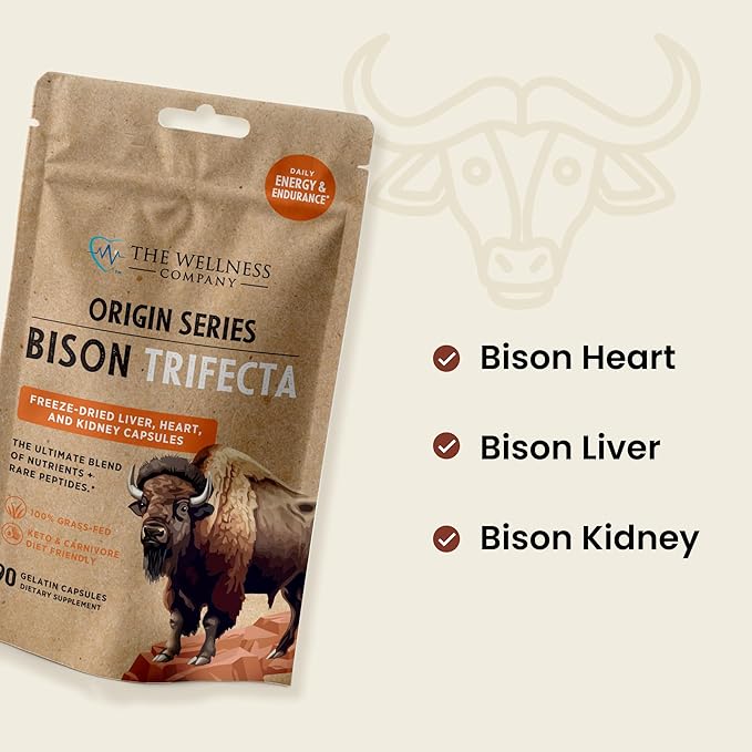 Bison Trifecta - Super-Bioavailable Multivitamin Heme Iron All Natural - Heart Kidney Liver Grass-Fed &amp Finished No Vaccines or Hormones | 90ct (1 Month Supply)