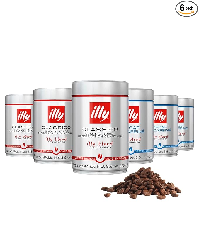 illy Whole Bean Coffee Classico Medium &amp Decaffeinated Roasts 100% Arabica Premium Italian Coffee Ideal for Espresso Drip Moka and French Press Brewing 8.8oz 6 Variety Pack
