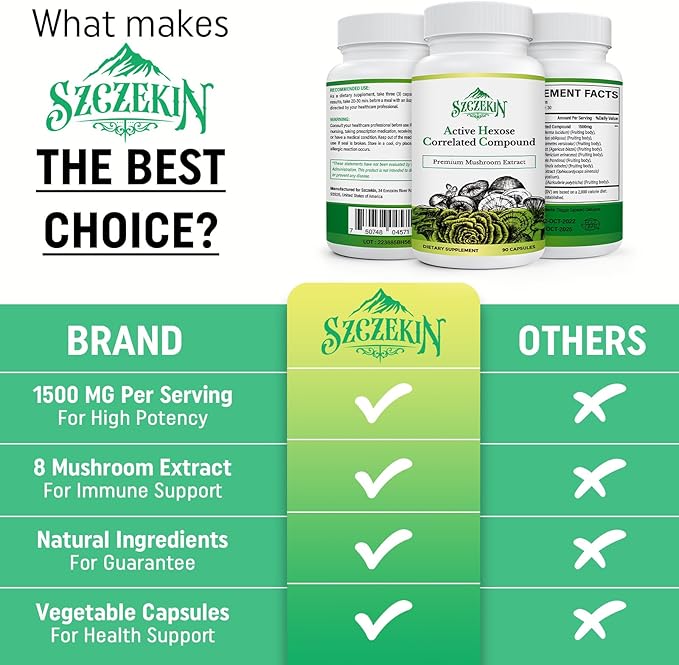 Active Hexose Correlated Compound 1500 mg Supplement Natural 8 Mushroom Extract Supplement Immune System Liver Function Natural Killer and T Cells Activity 720 Veggie Capsules