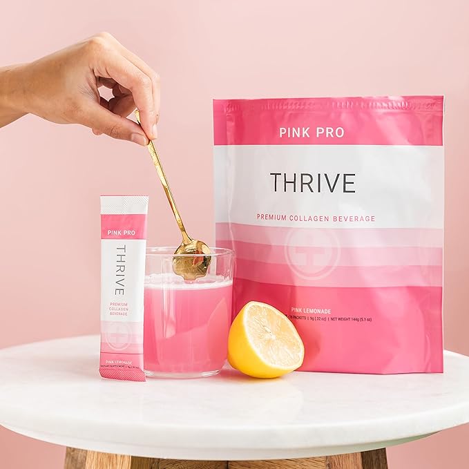 Thrive Premium Collagen Powder Drink - Pink Lemonade - Type I and III Collagen Hyaluronic Acid Biotin Vitamin C (16 Stick Packets Pink Lemonade - No Caffeine)