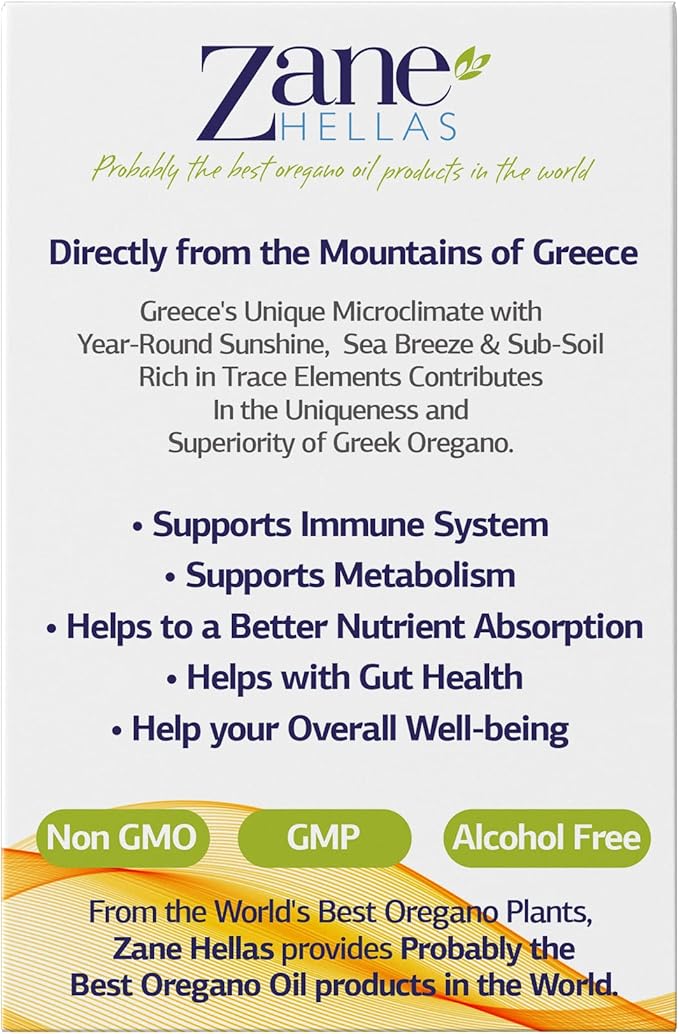 Zane Hellas 130 mg Carvacrol - 150 mg Oregano Oil per Softgel. World Highest Concentration Oregano Oil Capsule. Softgel Contains 30% Greek Essential Oil of Oregano. 60 Softgels.