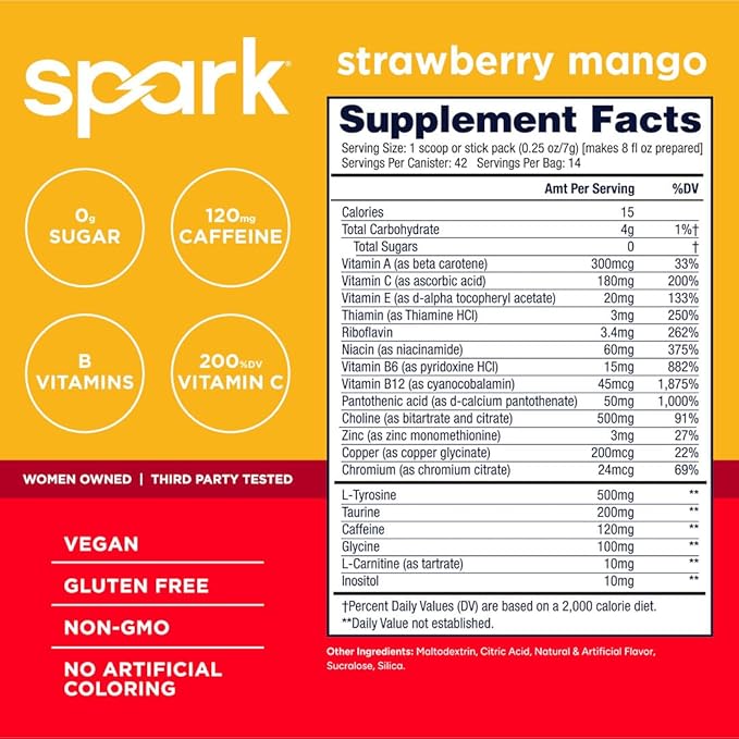 AdvoCare Spark - Energy Drink Mix - Vitamin &amp Amino Acid Supplement - Supports Energy &amp Focus* - Portable Immune Support* - Sugar-Free - Mango Strawberry 14 Stick Packs (3.5 oz)