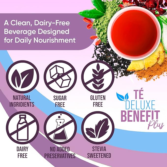 Té Deluxe Benefit Plus – Premium Herbal Tea Blend with Green &amp Red Tea Ginger Artichoke Hibiscus &amp Spices. Natural Flavor Stevia Sweetened - 60 Servings
