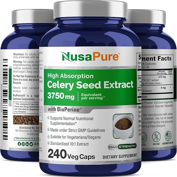 NusaPure Celery Seed Capsules 10:1 Extract 375 mg Equivalent to 3750mg 240 Veggie Caps Non-GMO Vegan