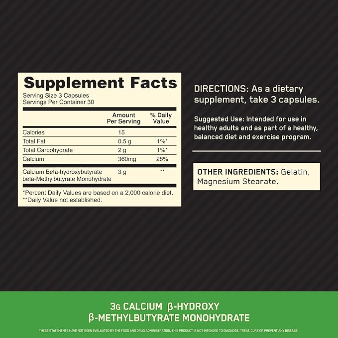 Optimum Nutrition HMB 1000 Caps 1g of Calcium beta-Hydroxy beta-methylbutyrate per Capsule 90 Capsules 30 Servings