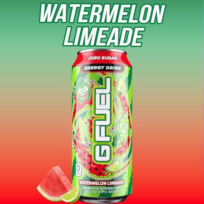 G Fuel Energy Drink Watermelon Sugar Free Beverage with 300mg Caffeine Daily Energy Boost with Focus Amino Vitamin + Antioxidants 16 oz Cans (Watermelon Limeade 12-Pack)