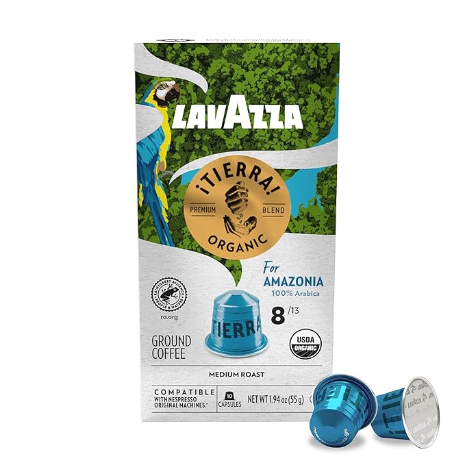 Lavazza TIERRA AMAZONIA USDA ORGANIC Espresso Aluminum Capsules Compatible- Nespresso Original MachinesMedium Roast 100% ArabicaRound &amp Balancedchocolate &amp caramel Intensity 8 of 13(Pack of
