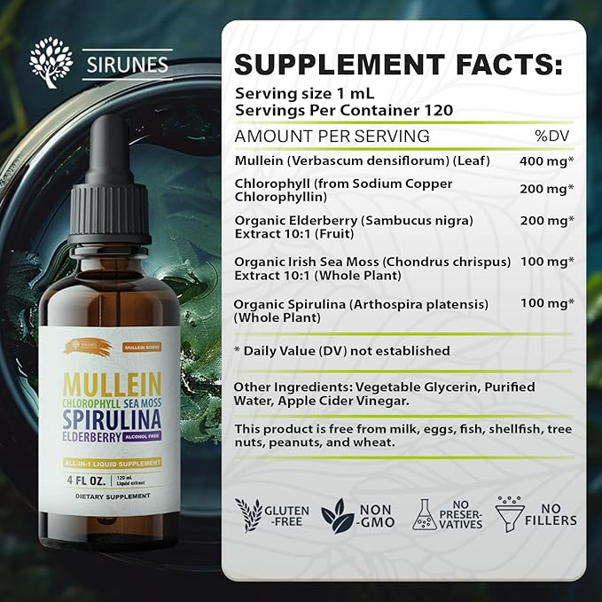 SIRUNES Mullein Herbal Drops with Chlorophyll Irish Sea Moss Spirulina &amp Elderberry – 4 fl oz – Daily Respiratory &amp Immune Wellness Supplement
