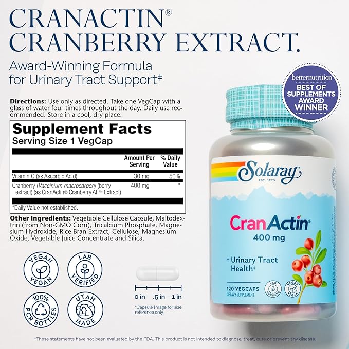 SOLARAY CranActin Cranberry Extract 400 mg - Cranberry Supplements for Women and Men - Bladder and Urinary Tract Health Support with Vitamin C - Vegan 60-Day Guarantee 120 Servings 120 VegCaps