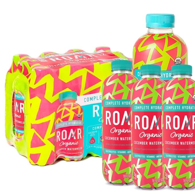 Roar Organic Electrolyte Infusions - USDA Organic - Cucumber Watermelon - with Antioxidants B Vitamins Low-Calorie Low-Sugar Low-Carb Coconut Water Infused Beverage 18 Fl Oz (Pack of 16)