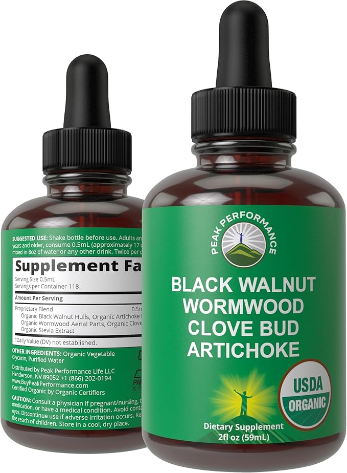 USDA Organic Wormwood Black Walnut Clove Drops Cleanse for Humans. Sugar Free Supplement for Intestinal Cleanse Detox Support for Adults and Kids. with Artichoke and Clove Bud. Kosher No GMOs