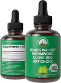 USDA Organic Wormwood Black Walnut Clove Drops Cleanse for Humans. Sugar Free Supplement for Intestinal Cleanse Detox Support for Adults and Kids. with Artichoke and Clove Bud. Kosher No GMOs