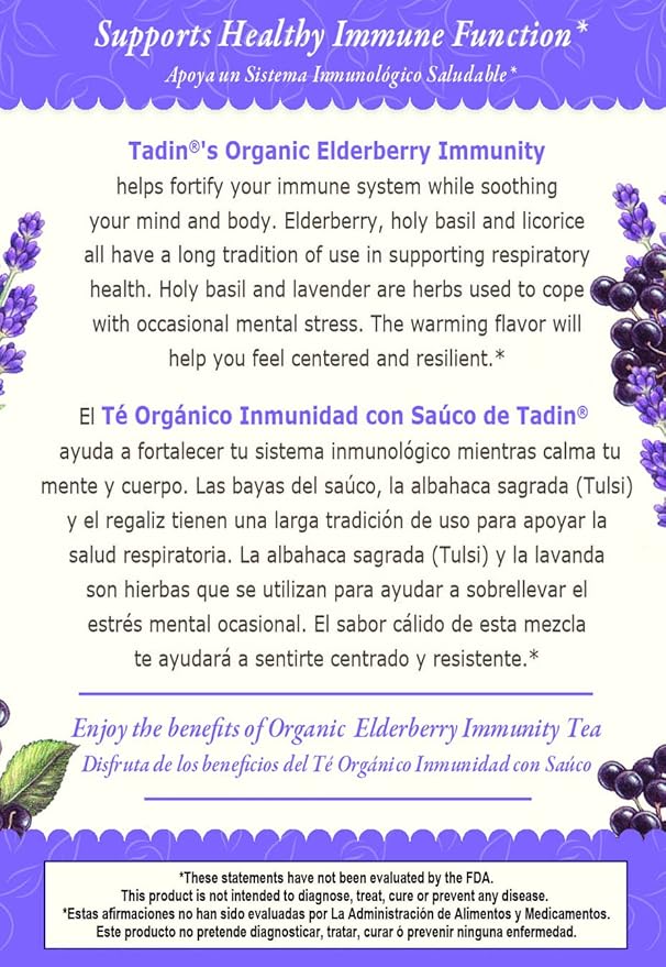 Tadin Organic Elderberry Tea Caffeine Free Herbal Tea for Immunity Support 20 Tea Bags Per Box Pack of 6