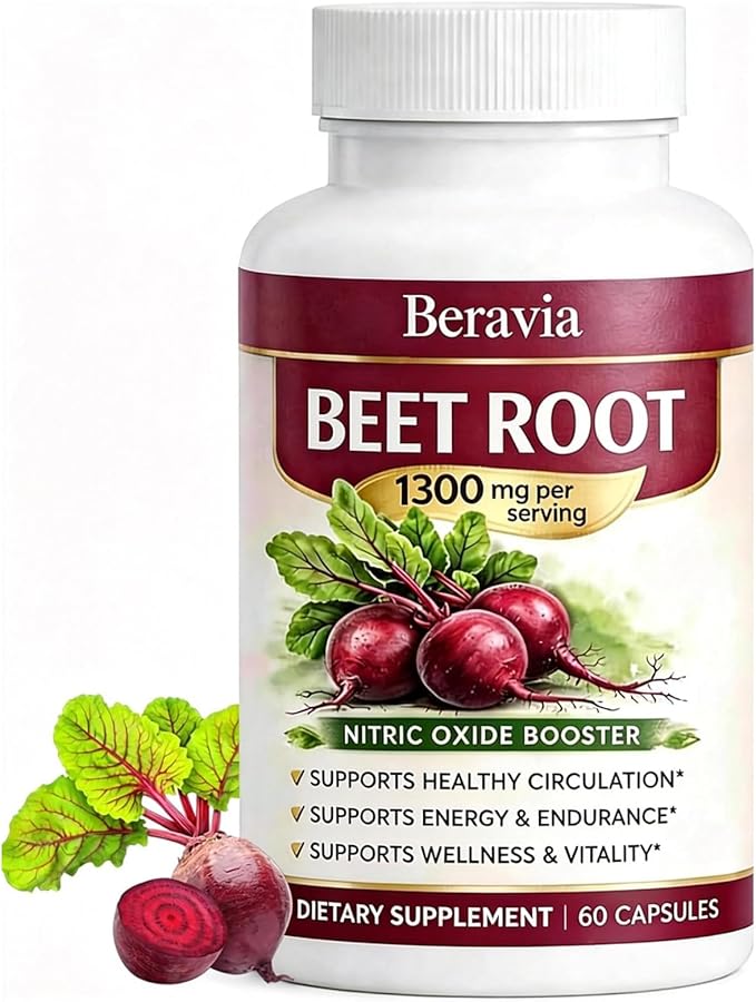Beetroot Capsules Containing 1300mg of Beetroot Per Serving Help Boost Energy and Improve Blood Circulation Vegan Non-GMO and Gluten-Free - 60 Capsules